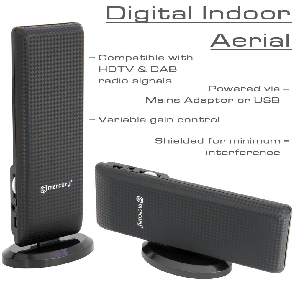 Amplified UHF/VHF/DAB FM Indoor Computerised HD TV Aerial Antenna USB or Mains Energy