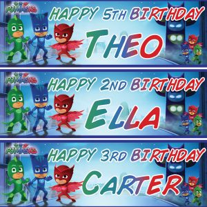 2 x personalised PJ masks birthday banner youngsters nursery children social gathering ornament