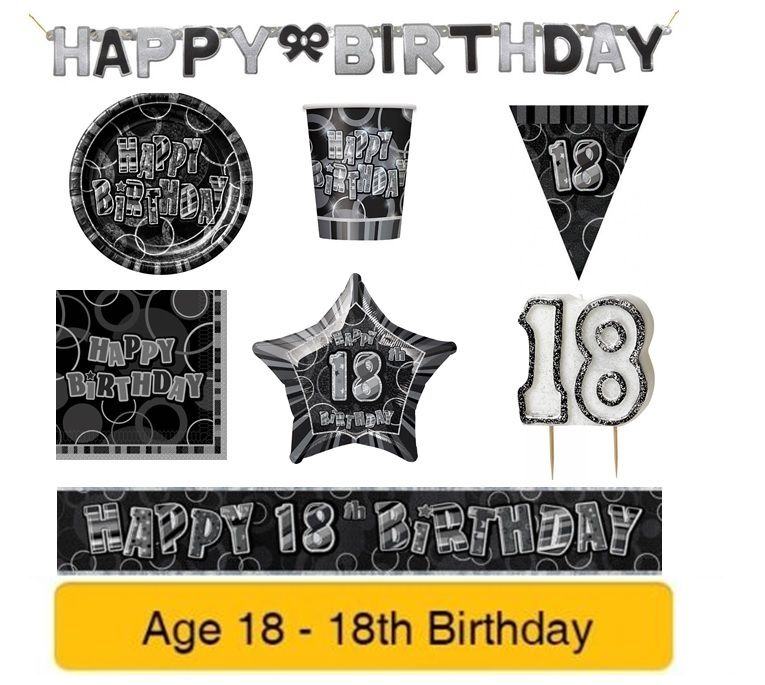 AGE 18 - 18th Birthday BLACK & SILVER GLITZ - Occasion Banners Balloons&Decorations
