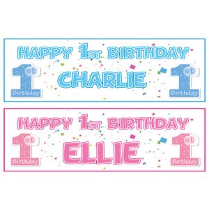 2 PERSONALISED HAPPY 1st BIRTHDAY BANNERS 3ft x 1ft - BOY OR GIRL - FIRST