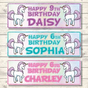 2 PERSONALISED 3ft x 1ft UNICORN BIRTHDAY BANNERS - ANY NAME OR AGE - three COLOURS