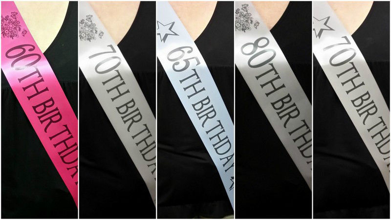 BIRTHDAY SASHES 60th 65th 70th 80th 90th 100 Alternative of color & Measurement