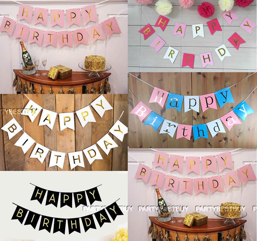 Pastel Completely satisfied Birthday Bunting Garland Gold Alphabet Occasion Hanging Banner Décor