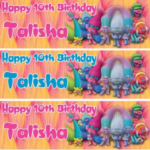 2 x personalised Trolls birthday banner Nursery children youngsters celebration ornament