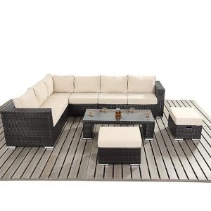 Fashionable Rattan Nook Sofa, Rattan Stools and Espresso Desk Set - Garden Rattan