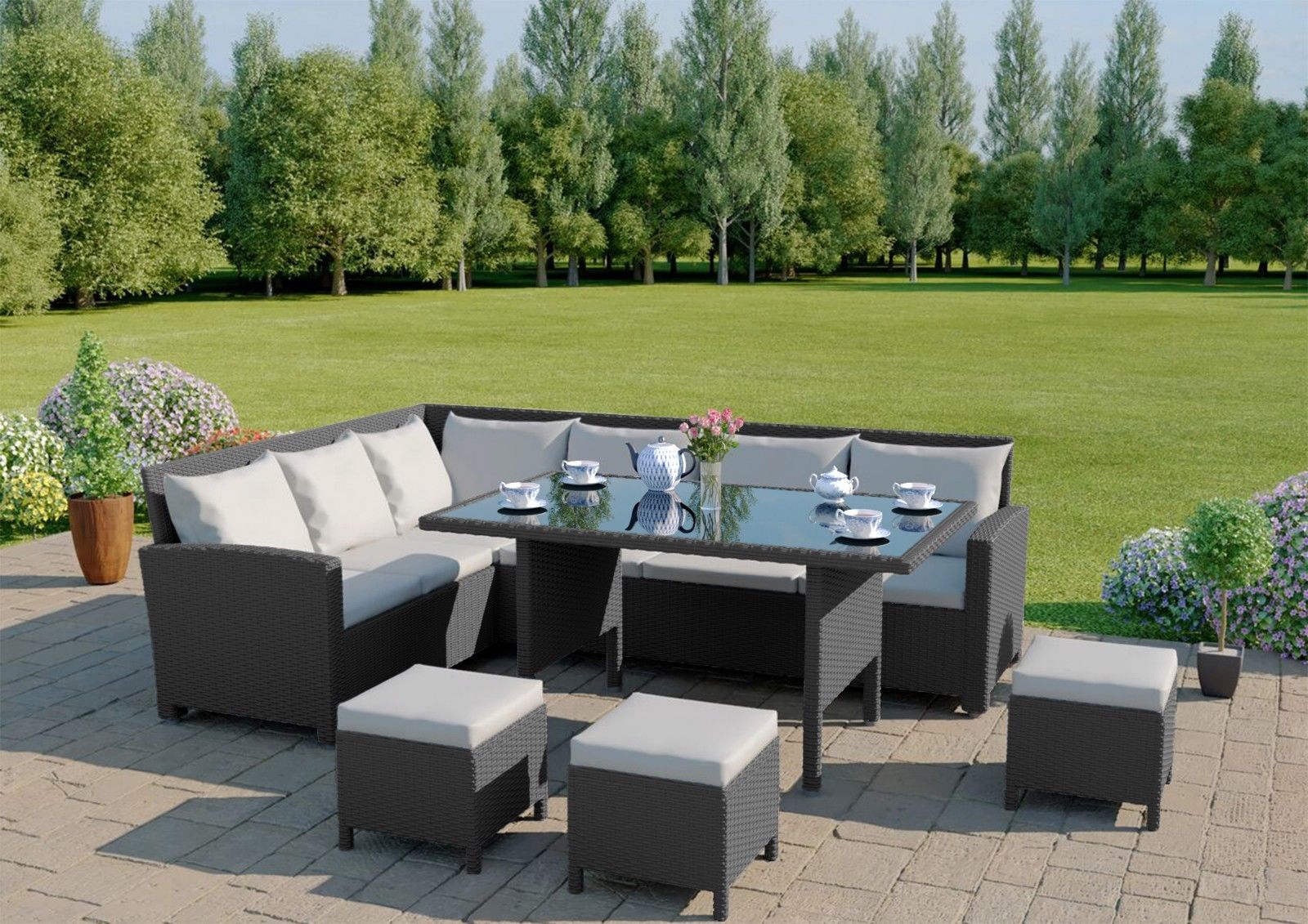 Garden Rattan Furnishings Nook 9 Seater Consuming Desk Sofa - Image 5