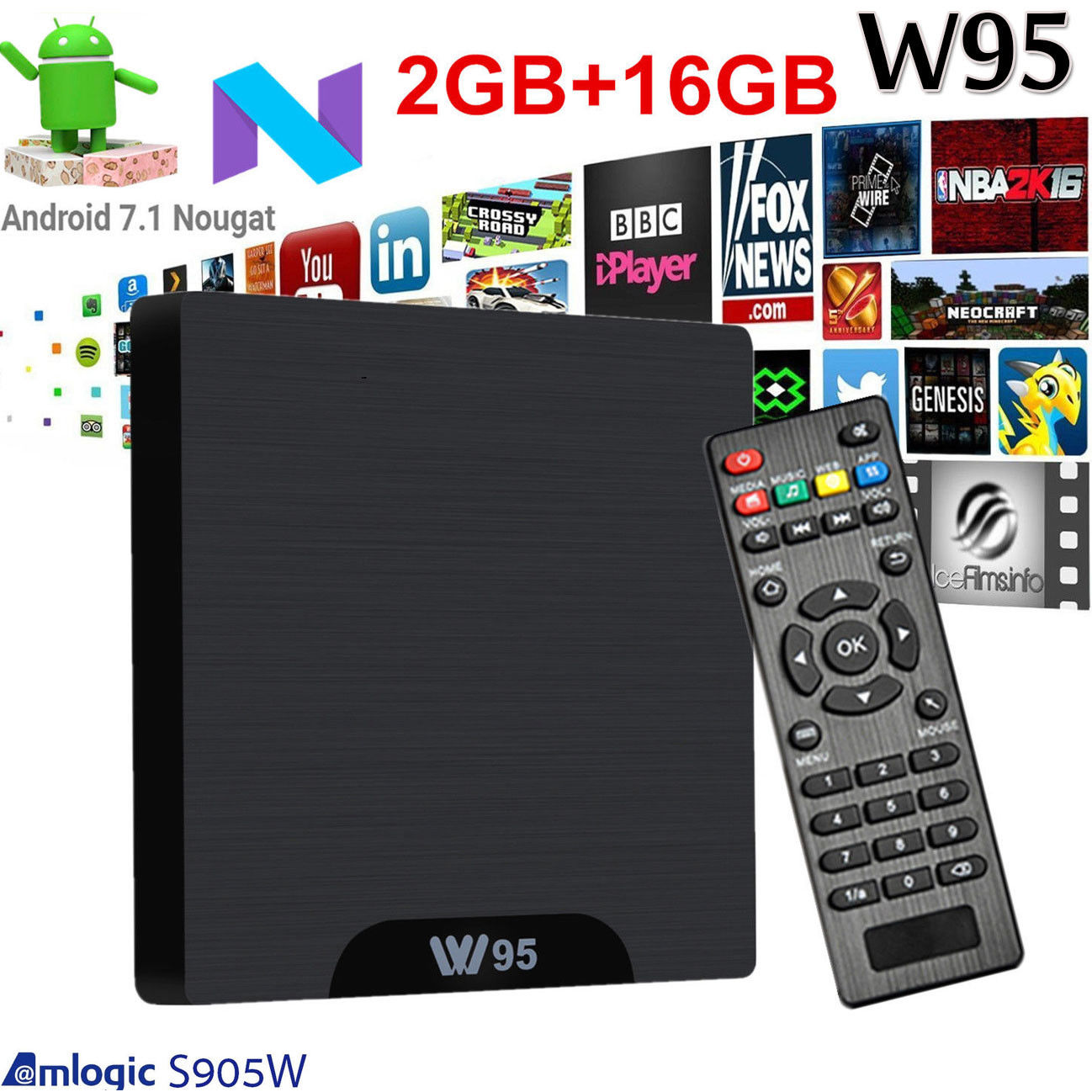 W95 Smart TV BOX Android 7.1 Quad Core 2GB+16GB 4K*2K WIFI 1080P HD Media Participant - Image 2