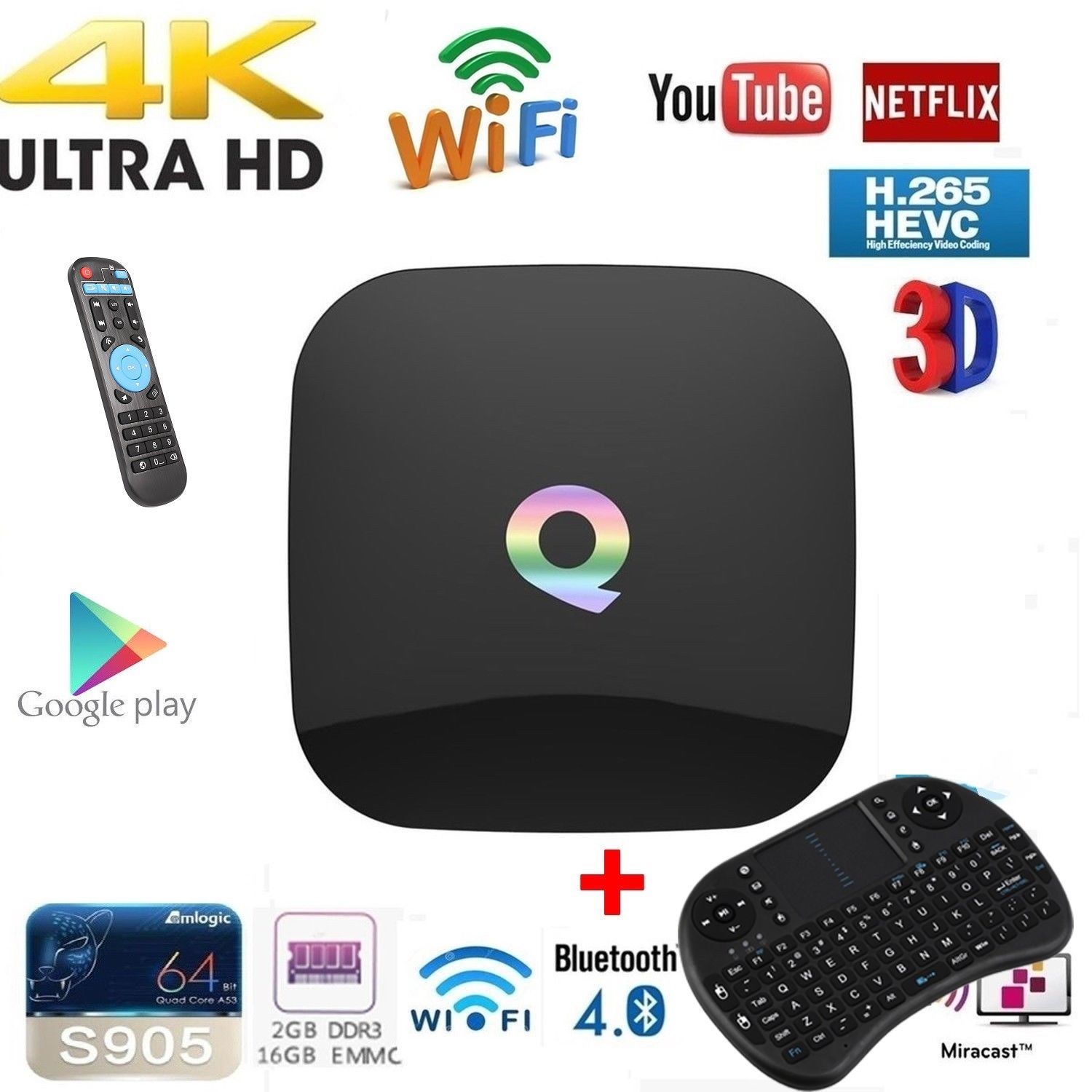 Q-BOX 2GB/16GB & Mini Keyboard S905X Quad Core 4K UHD Android 6.zero WIFI TV Area