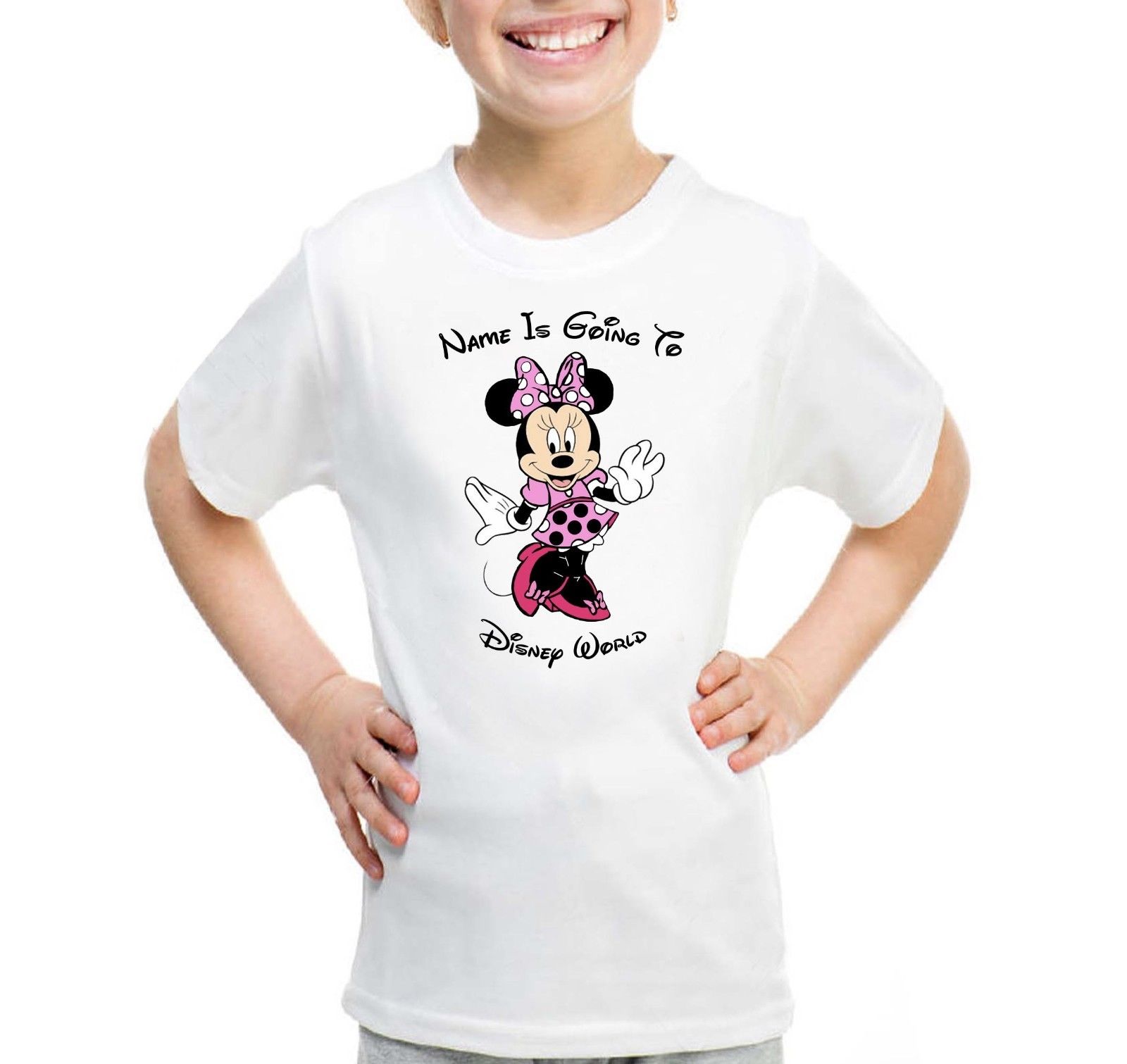 Personalised Pink Minnie Mouse Youngsters T-shirt YOUR NAME IS GOING TO DISNEY WORLD